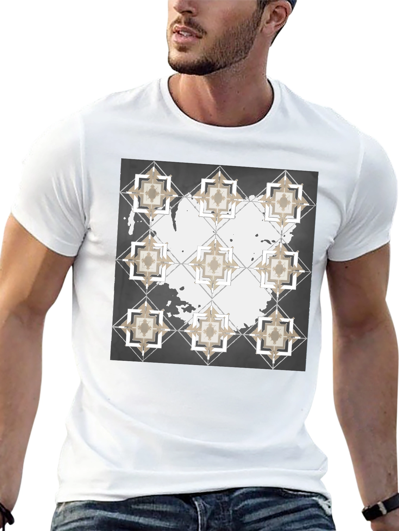 Geometric Tile Print Crew Neck T-Shirt