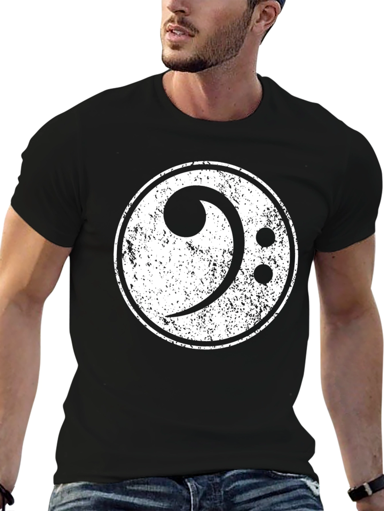 Bass Clef Distressed Graphic Black T-Shirt
