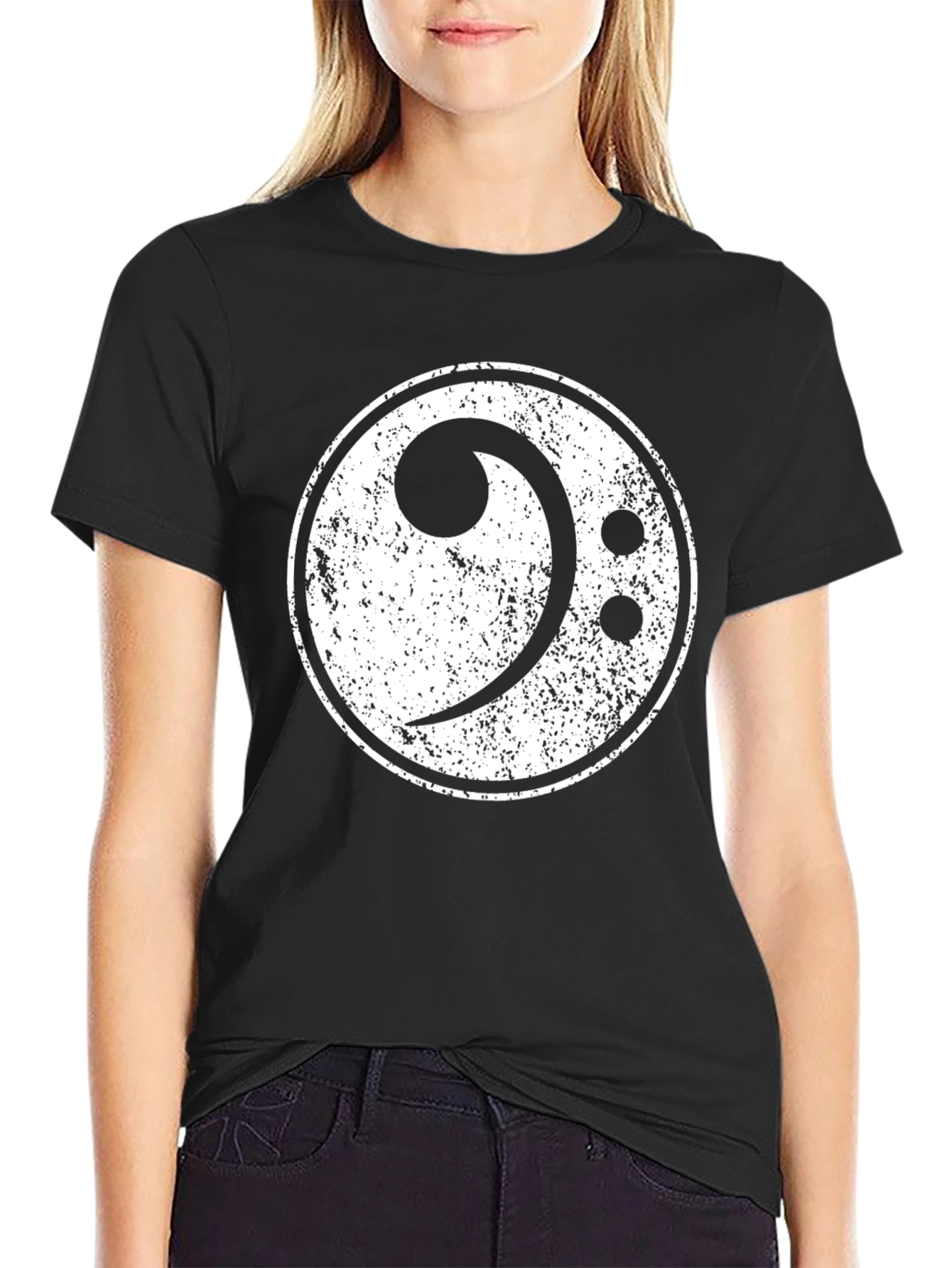 Bass Clef Distressed Graphic Black T-Shirt