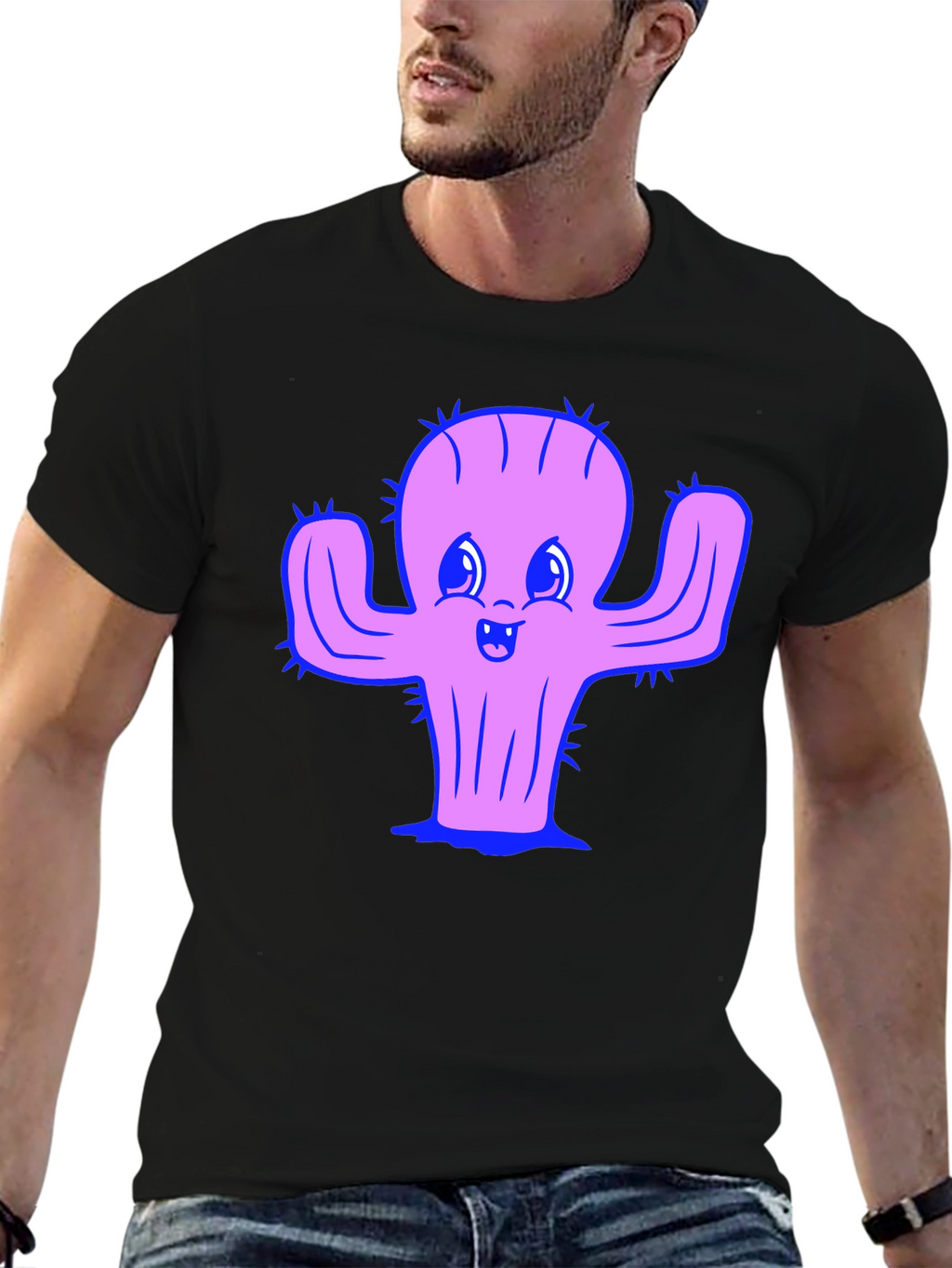 Cute Cactus Graphic Tee - Black Cotton Shirt
