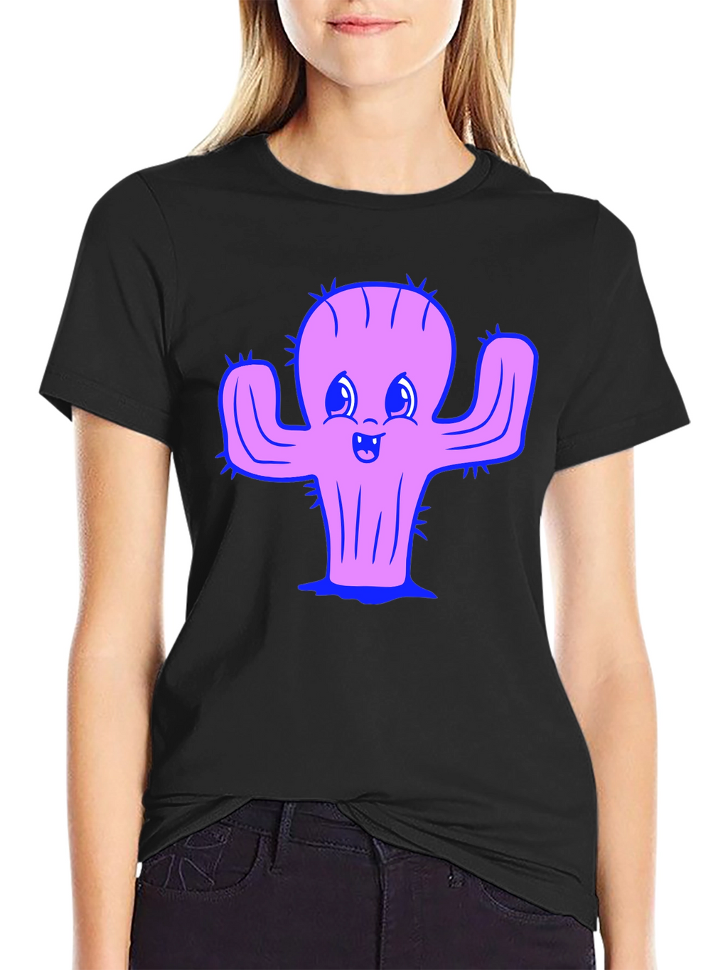 Cute Cactus Graphic Tee - Black Cotton Shirt