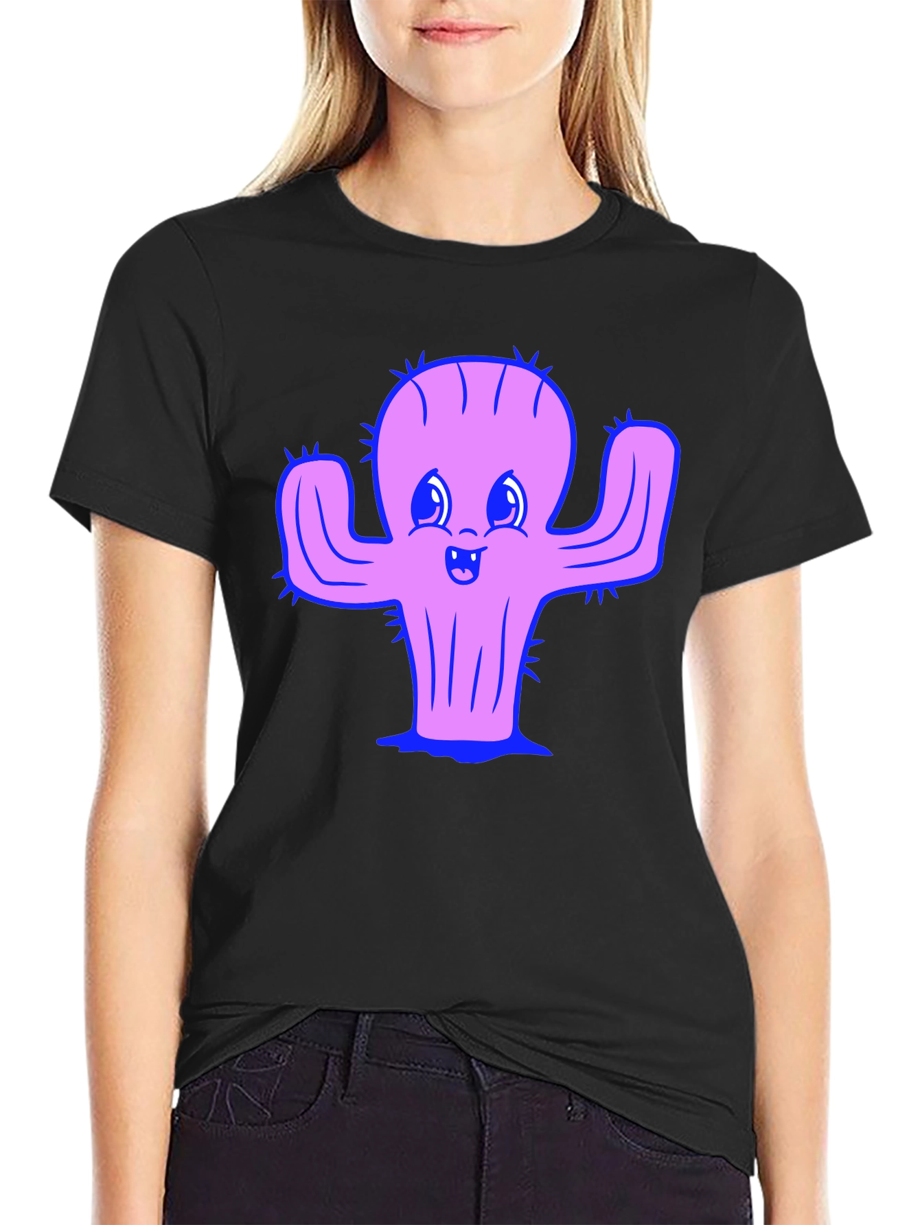 Cute Cactus Graphic Tee - Black Cotton Shirt