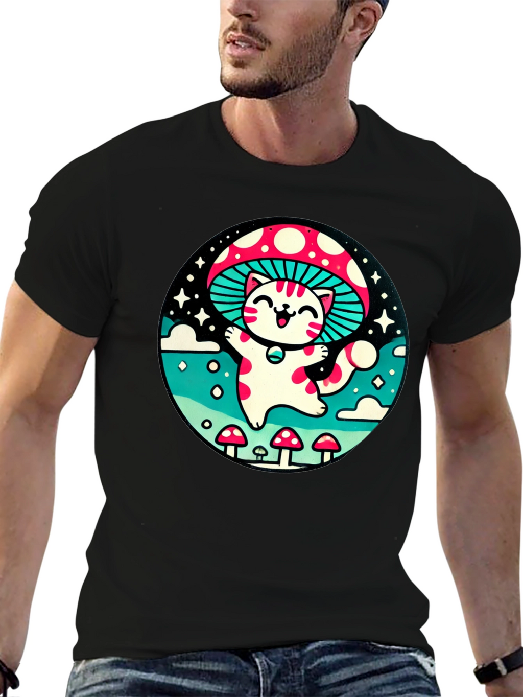 Mushroom Cat T-Shirt - Whimsical Graphic Tee