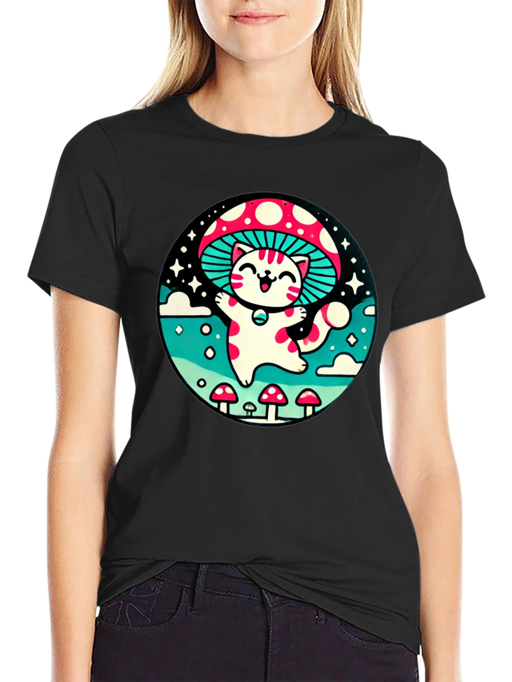 Mushroom Cat T-Shirt - Whimsical Graphic Tee