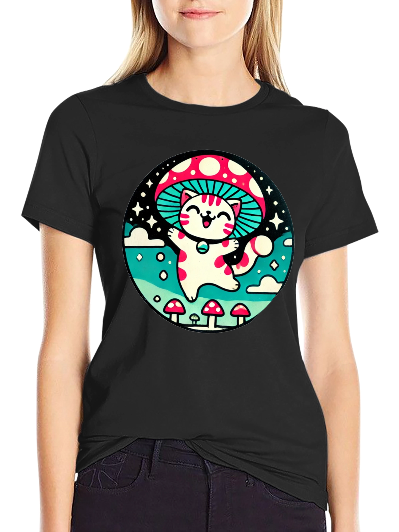 Mushroom Cat T-Shirt - Whimsical Graphic Tee