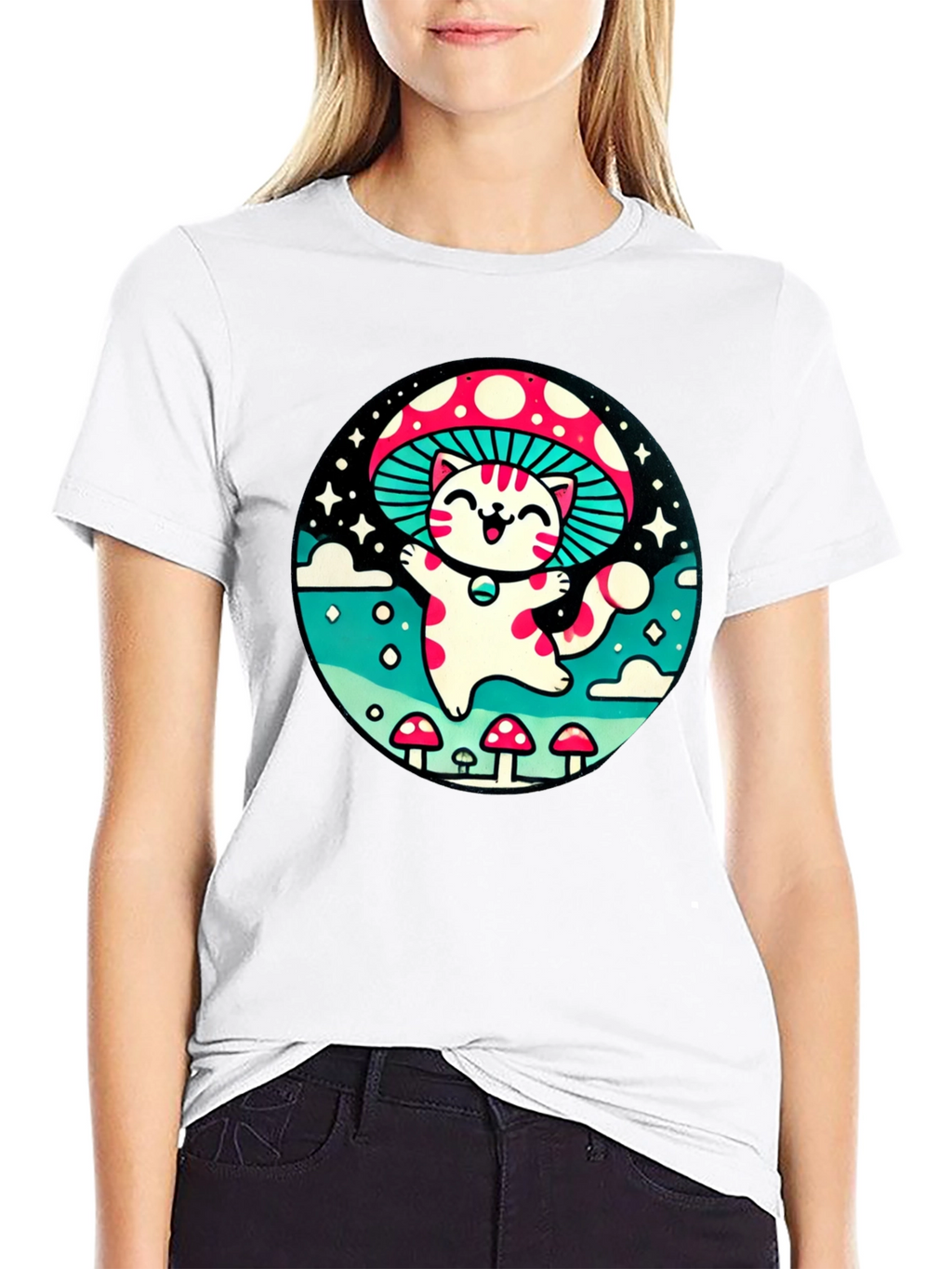 Mushroom Cat T-Shirt - Whimsical Graphic Tee