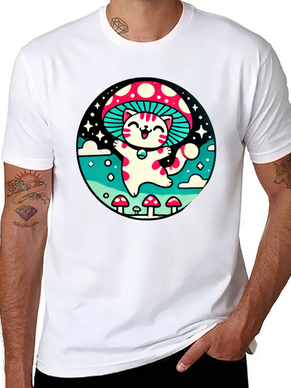Mushroom Cat T-Shirt - Whimsical Graphic Tee