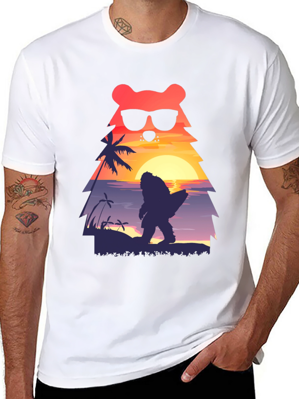 Bear Bigfoot Sunset Beach T-Shirt
