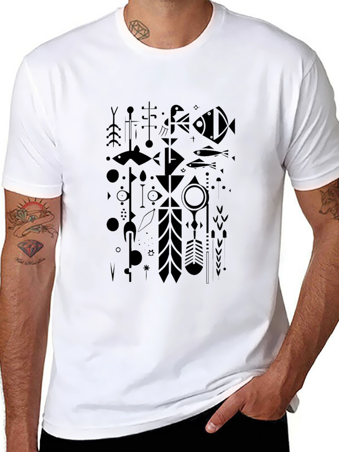Modern Geometric Fish Black Graphic Tee