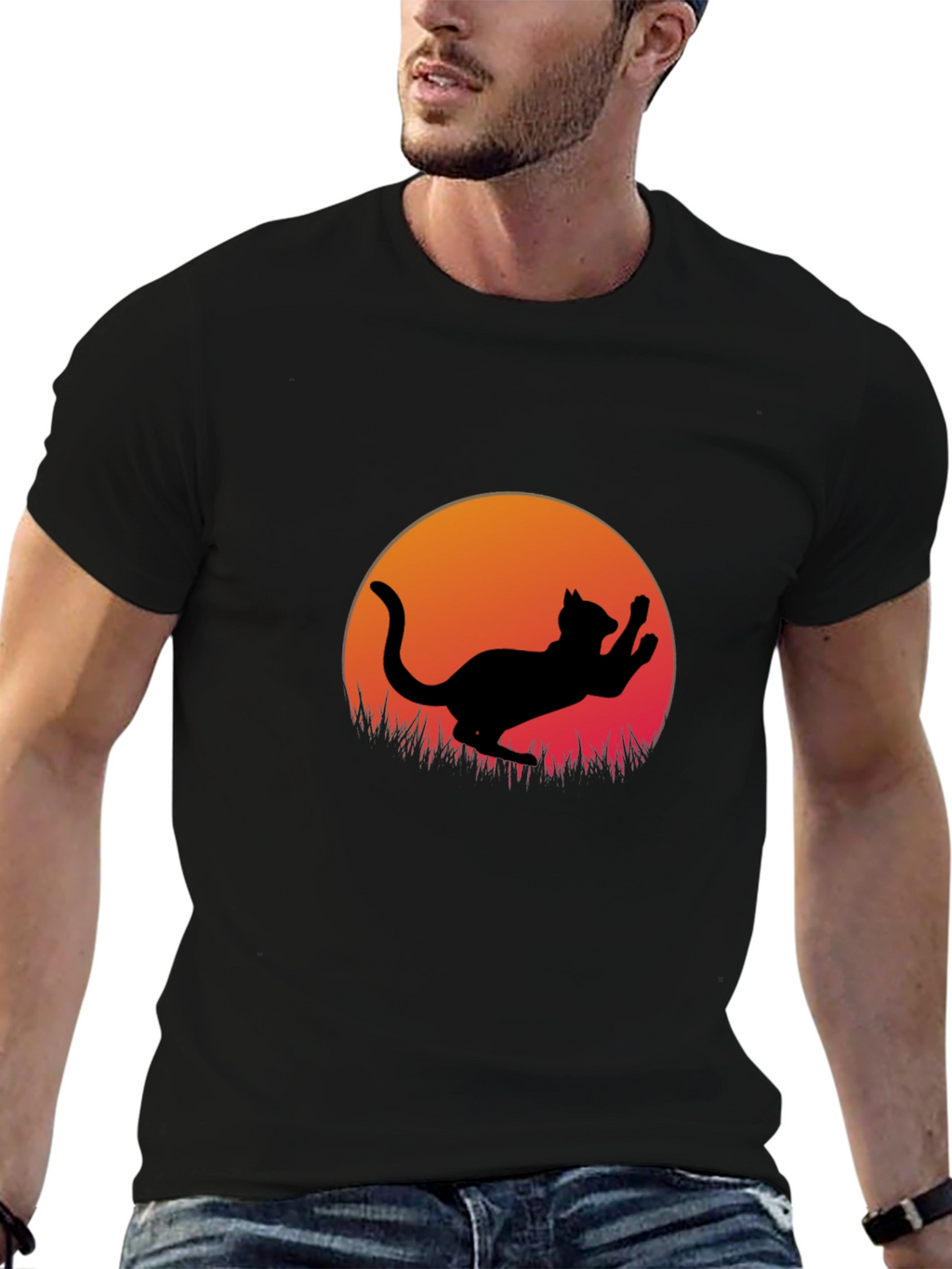 Cat Silhouette Sunset Graphic Tee - Black Cotton Blend
