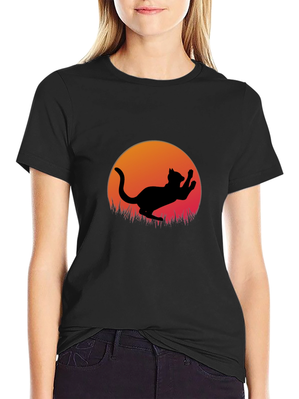 Cat Silhouette Sunset Graphic Tee - Black Cotton Blend