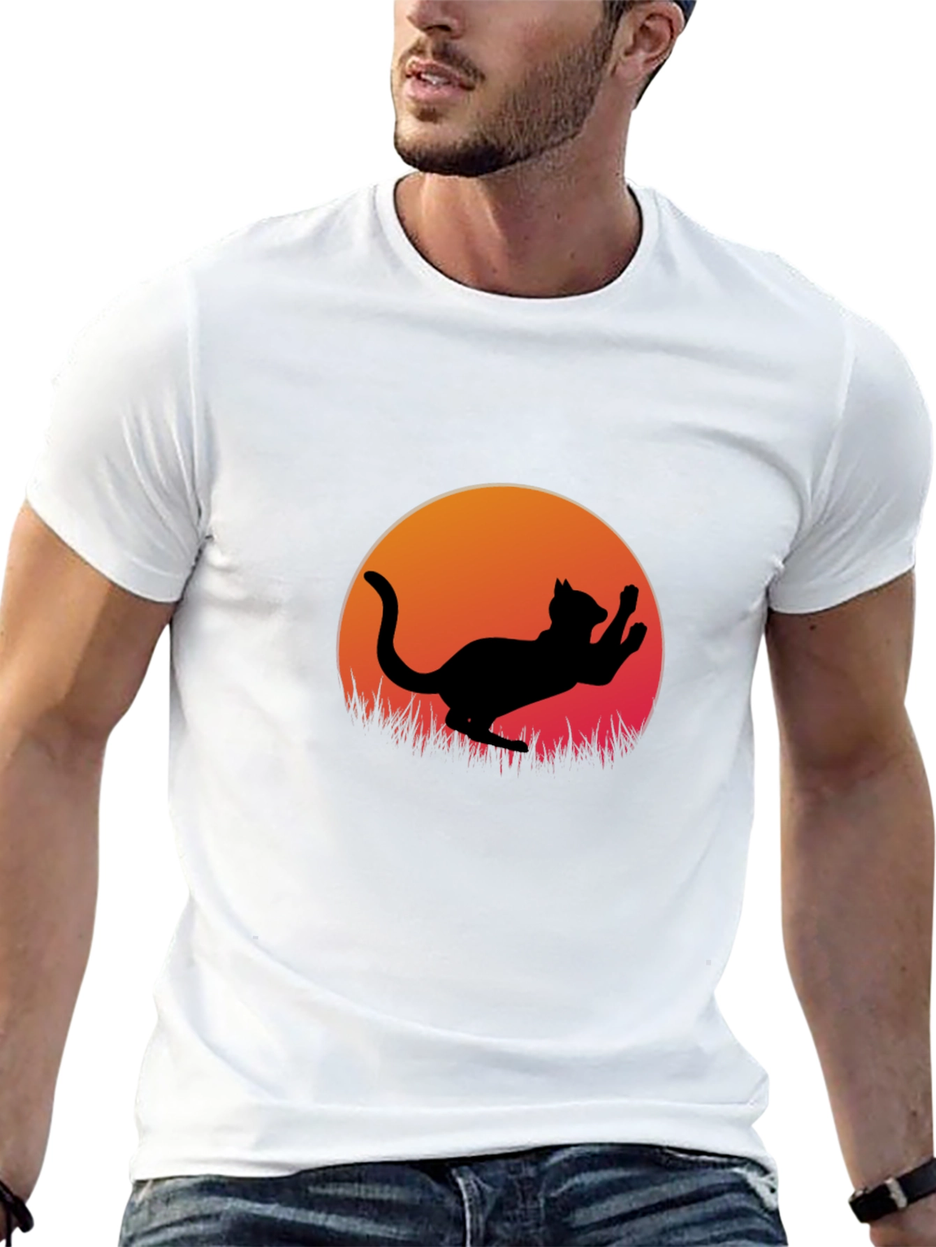 Cat Silhouette Sunset Graphic Tee - Black Cotton Blend