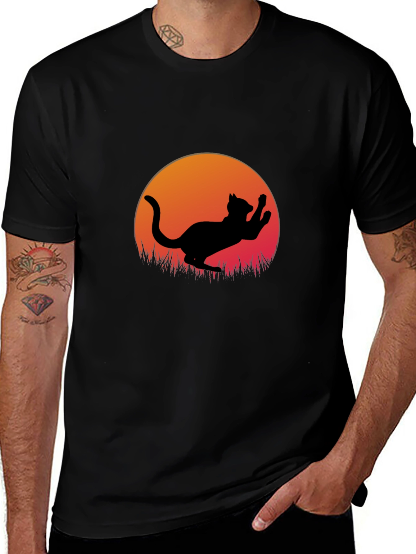 Cat Silhouette Sunset Graphic Tee - Black Cotton Blend