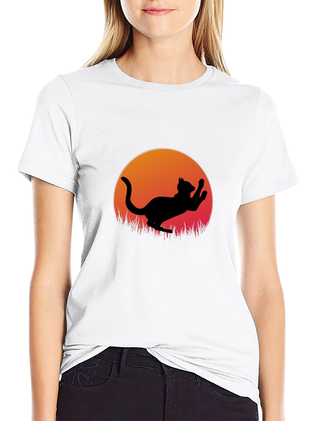Cat Silhouette Sunset Graphic Tee - Black Cotton Blend