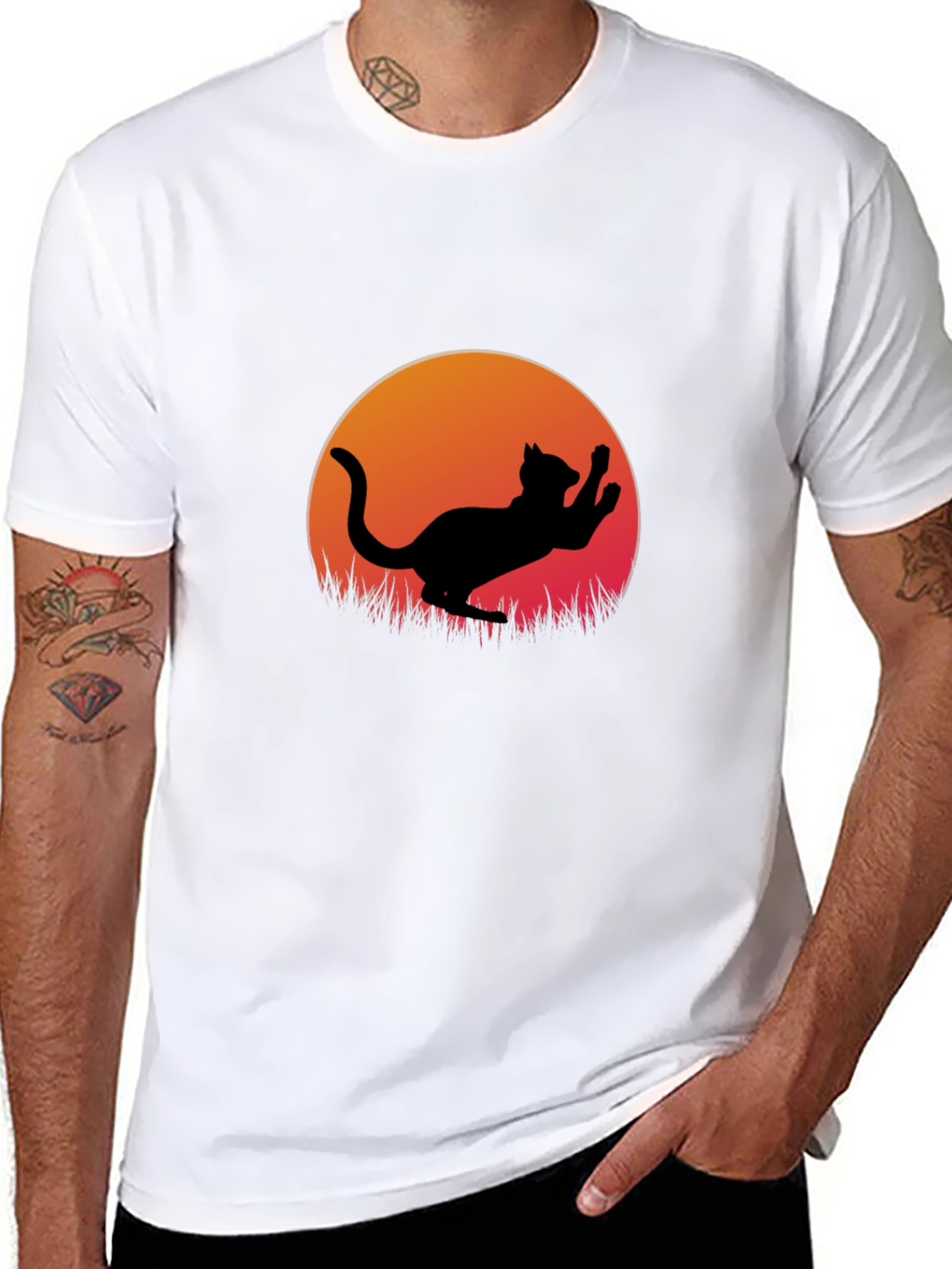 Cat Silhouette Sunset Graphic Tee - Black Cotton Blend