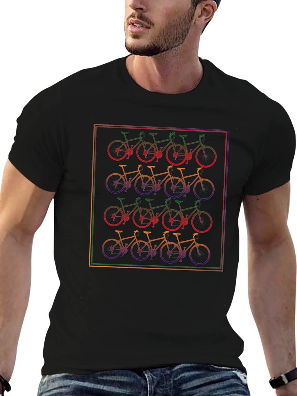 Rainbow Bicycle Pattern Black T-Shirt