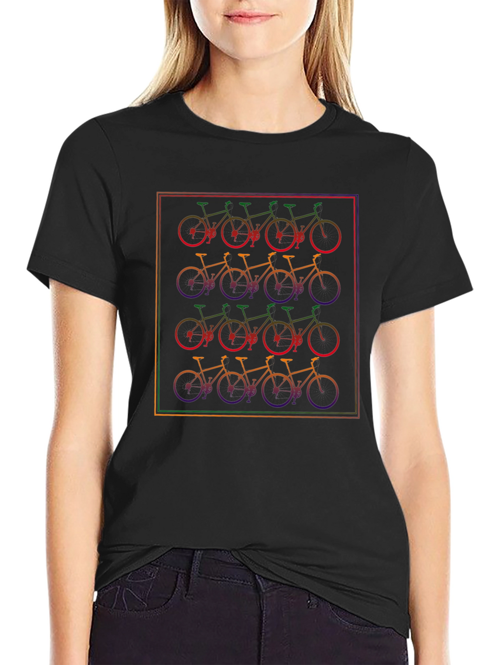 Rainbow Bicycle Pattern Black T-Shirt
