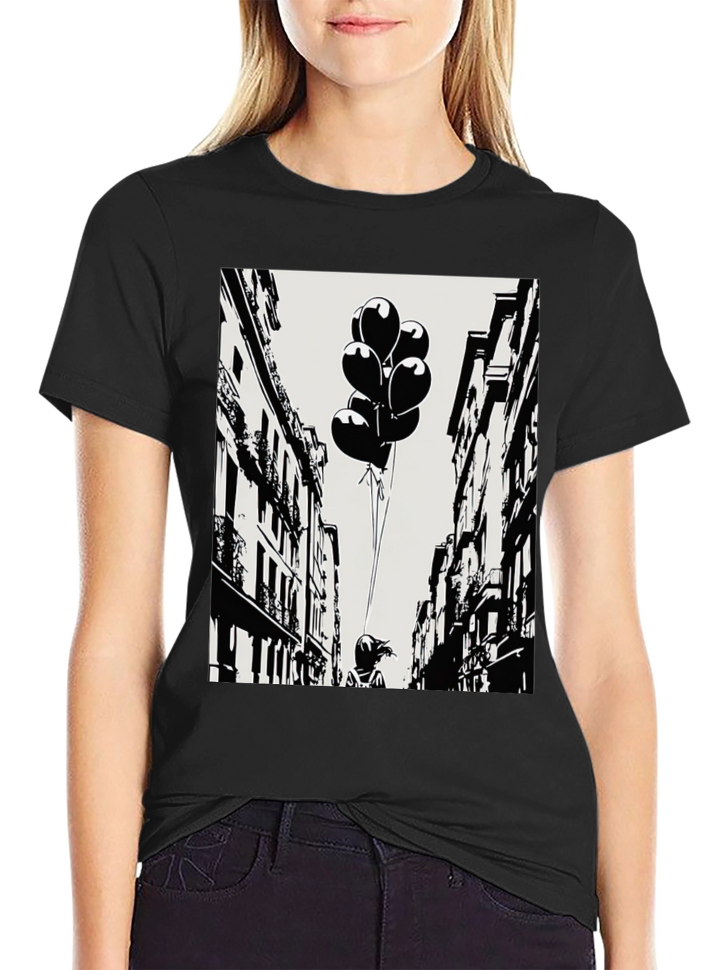 Whimsical Cityscape Tee - Balloon Girl Graphic T-Shirt