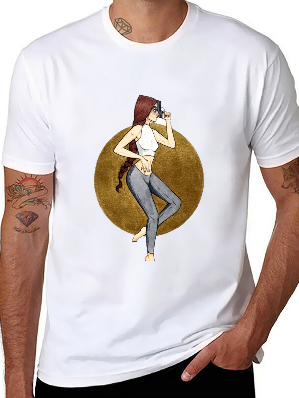 Graphic Tee: Stylish Woman with Gun Design