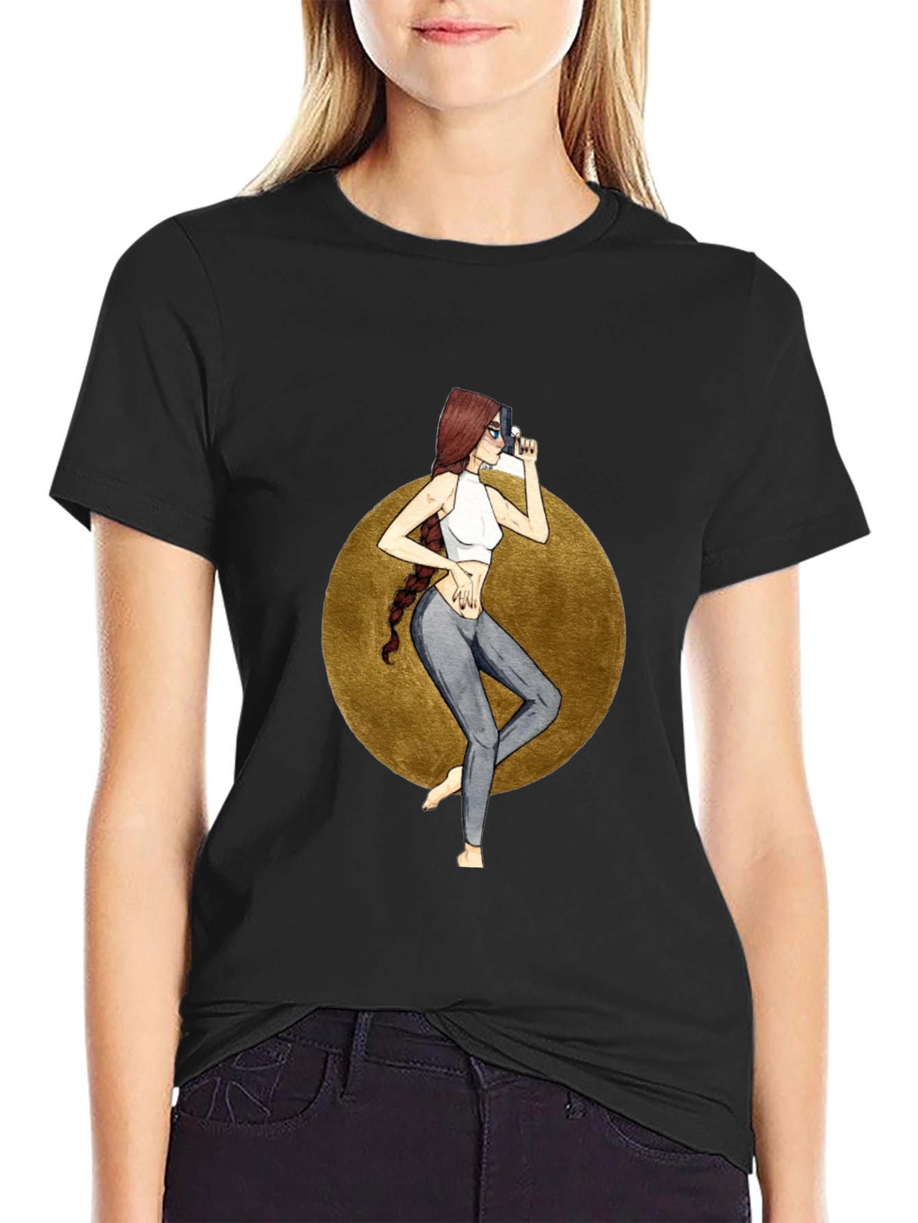 Graphic Tee: Stylish Woman with Gun Design