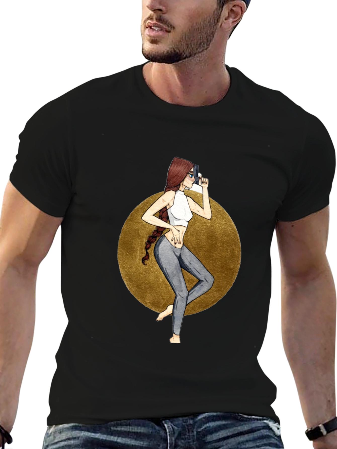 Graphic Tee: Stylish Woman with Gun Design