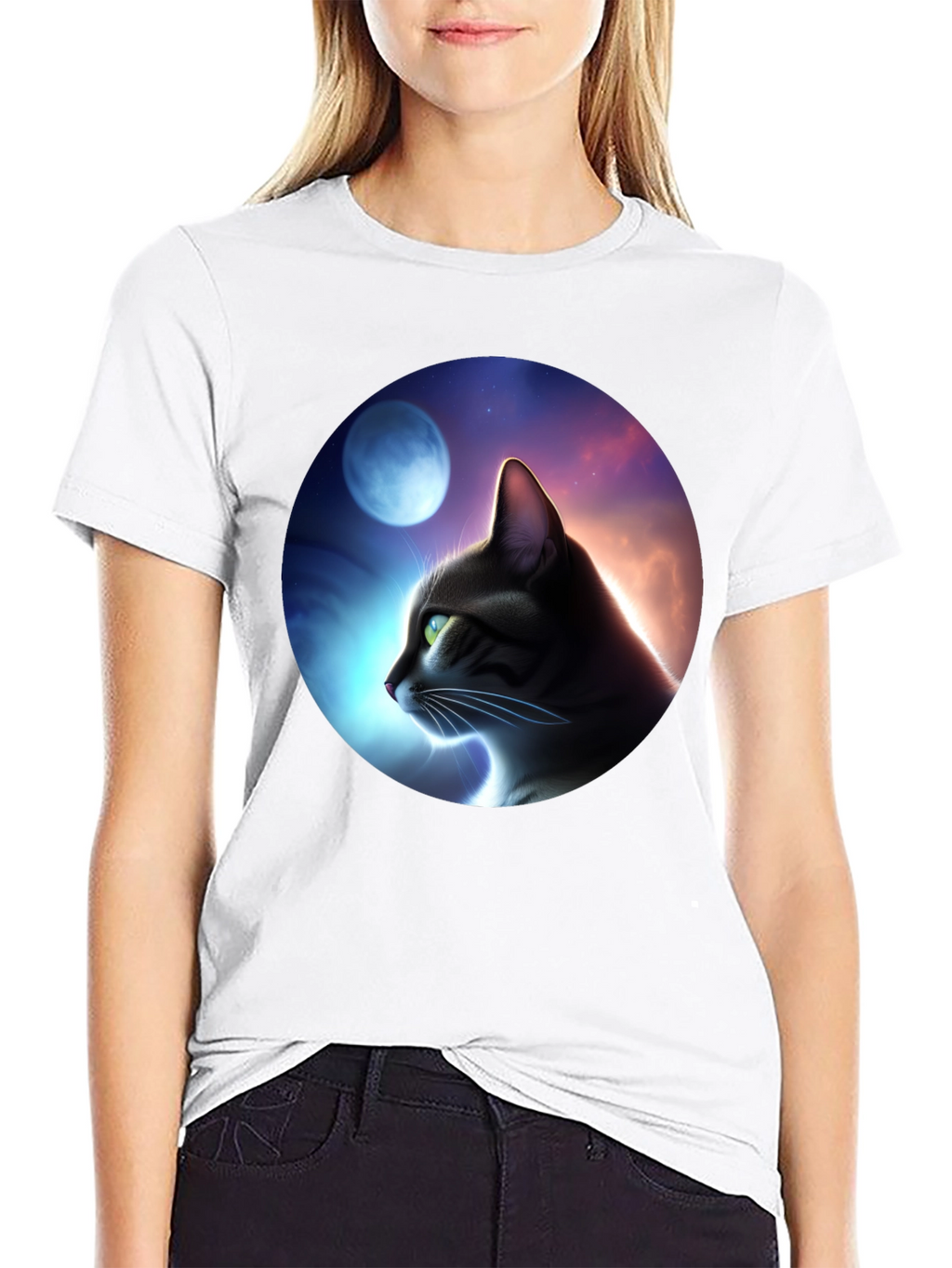 Cat in Moonlit Sky Graphic T-Shirt