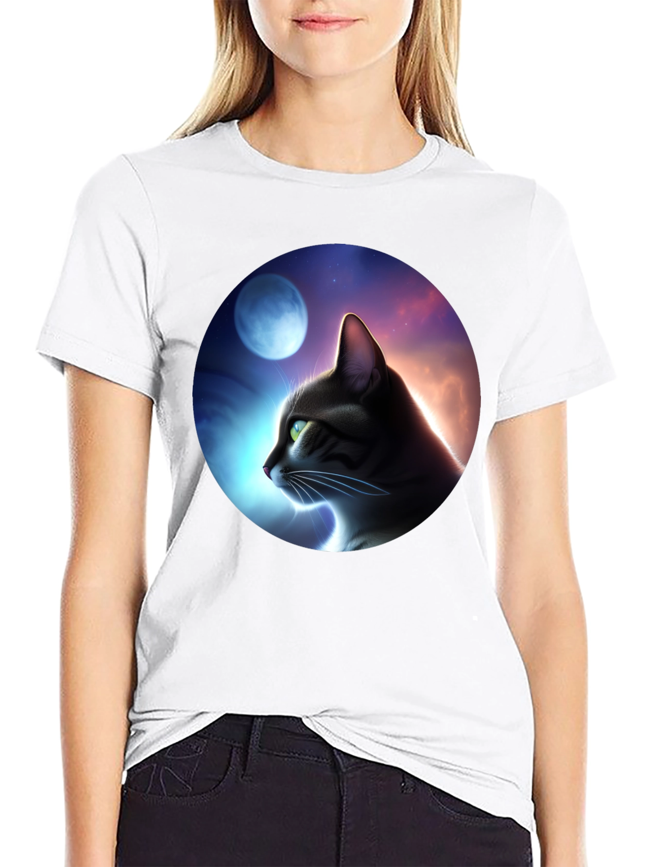 Cat in Moonlit Sky Graphic T-Shirt