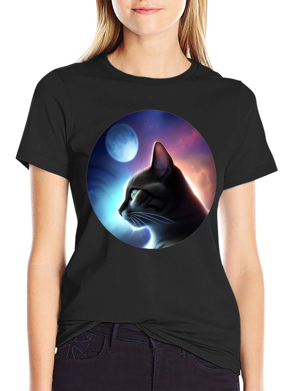 Cat in Moonlit Sky Graphic T-Shirt