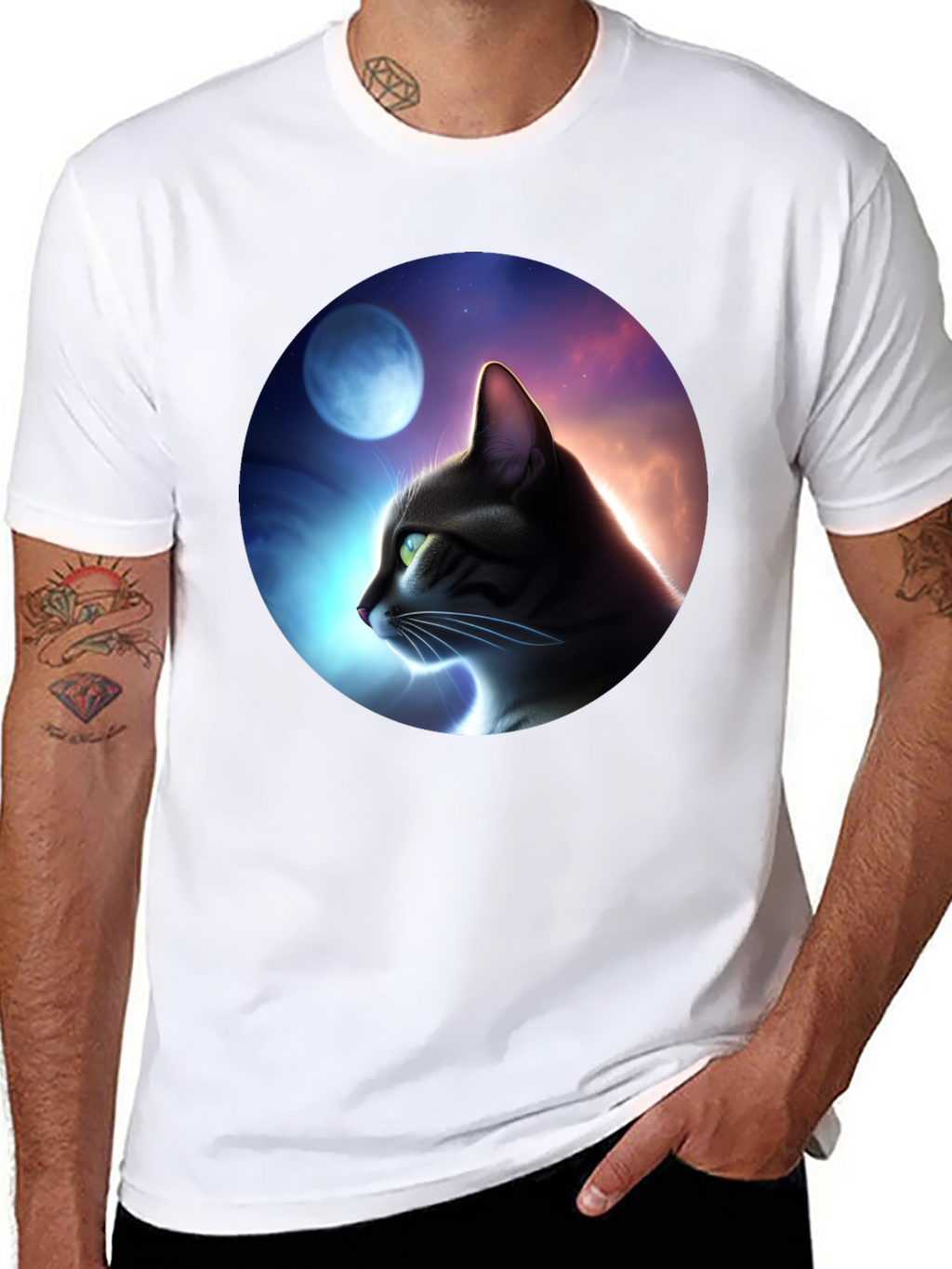 Cat in Moonlit Sky Graphic T-Shirt