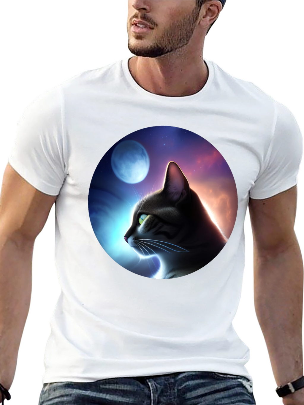 Cat in Moonlit Sky Graphic T-Shirt