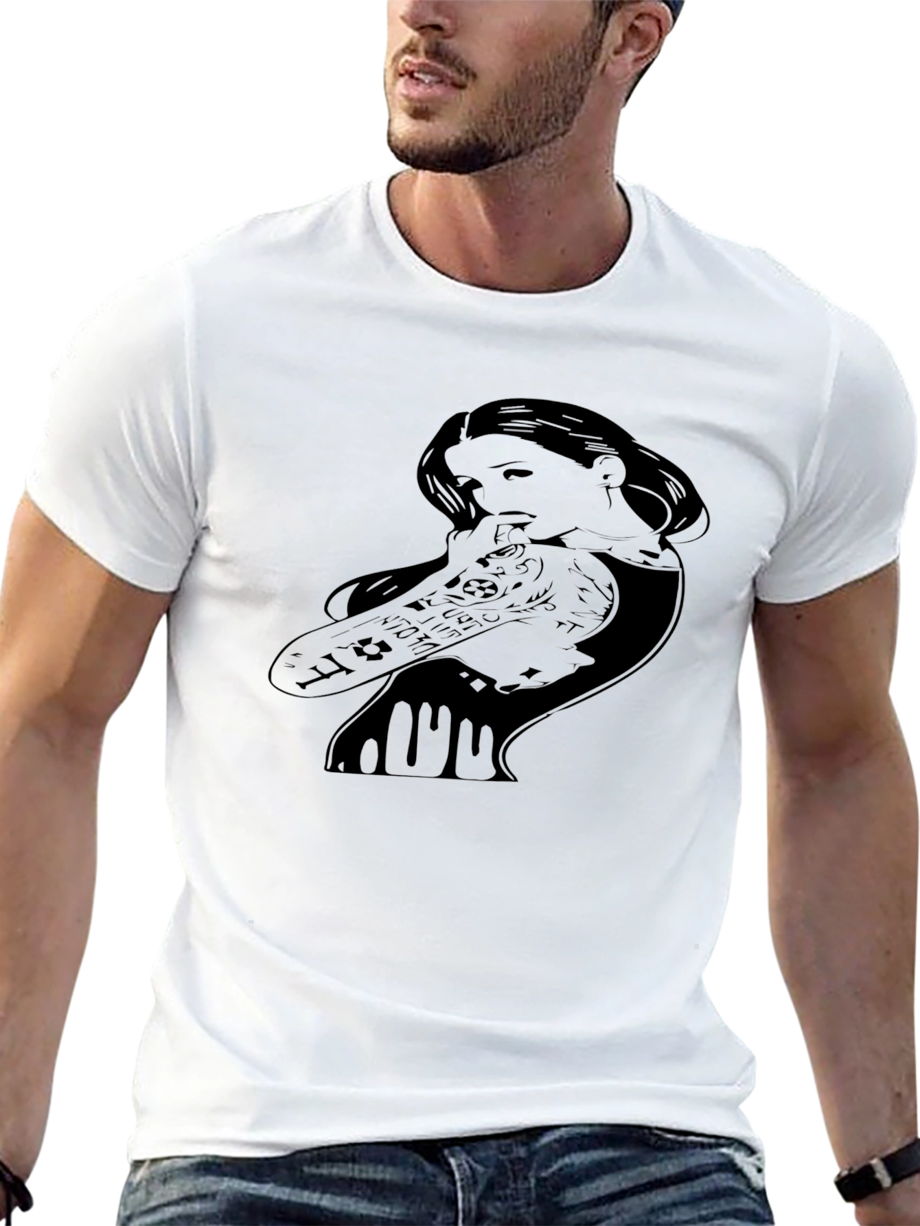 Edgy Tattooed Girl Graphic Print Black T-Shirt