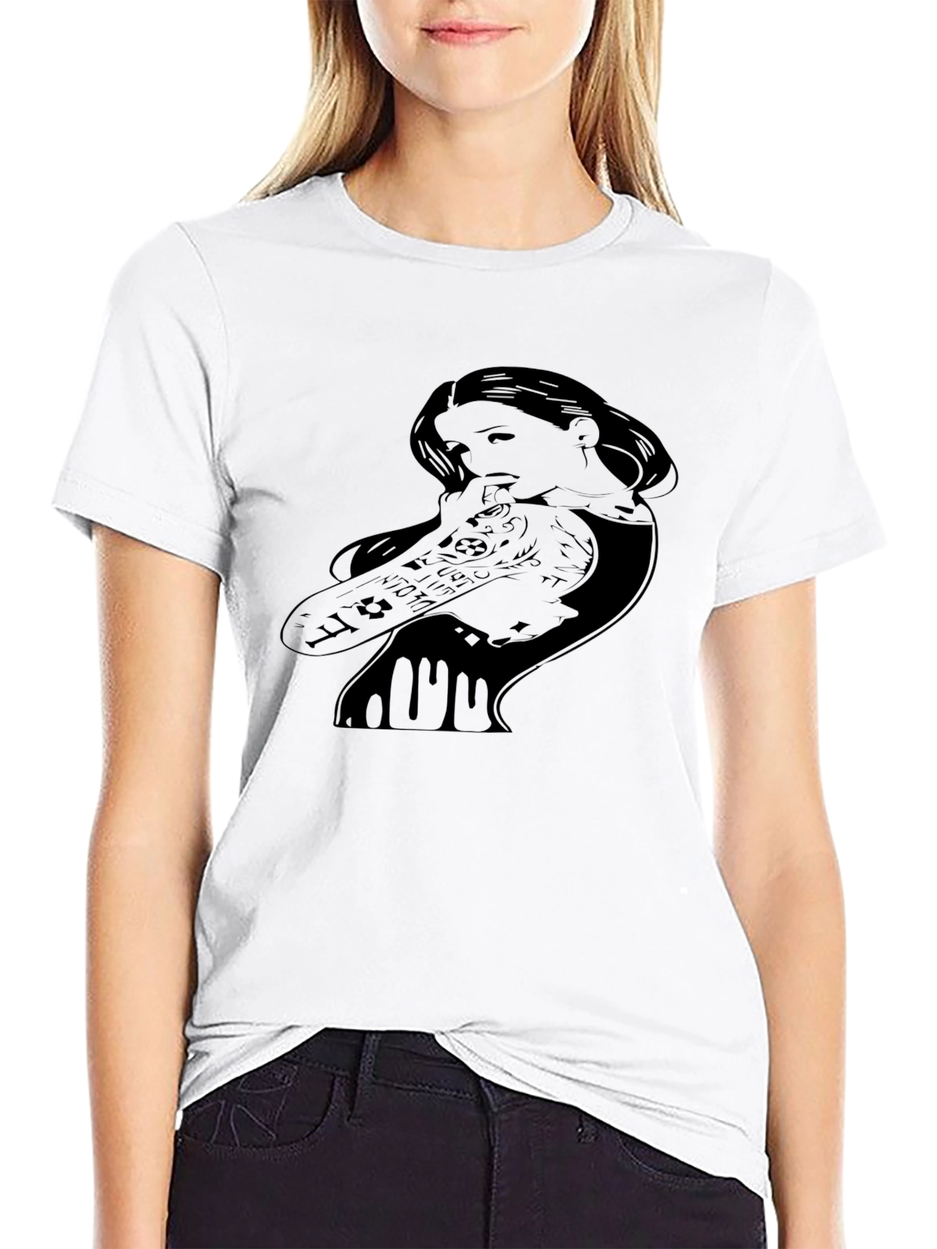 Edgy Tattooed Girl Graphic Print Black T-Shirt