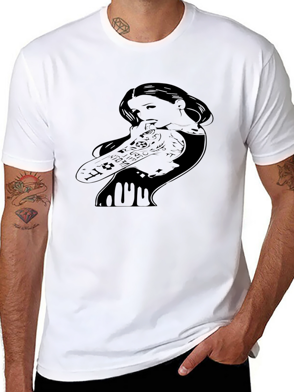 Edgy Tattooed Girl Graphic Print Black T-Shirt