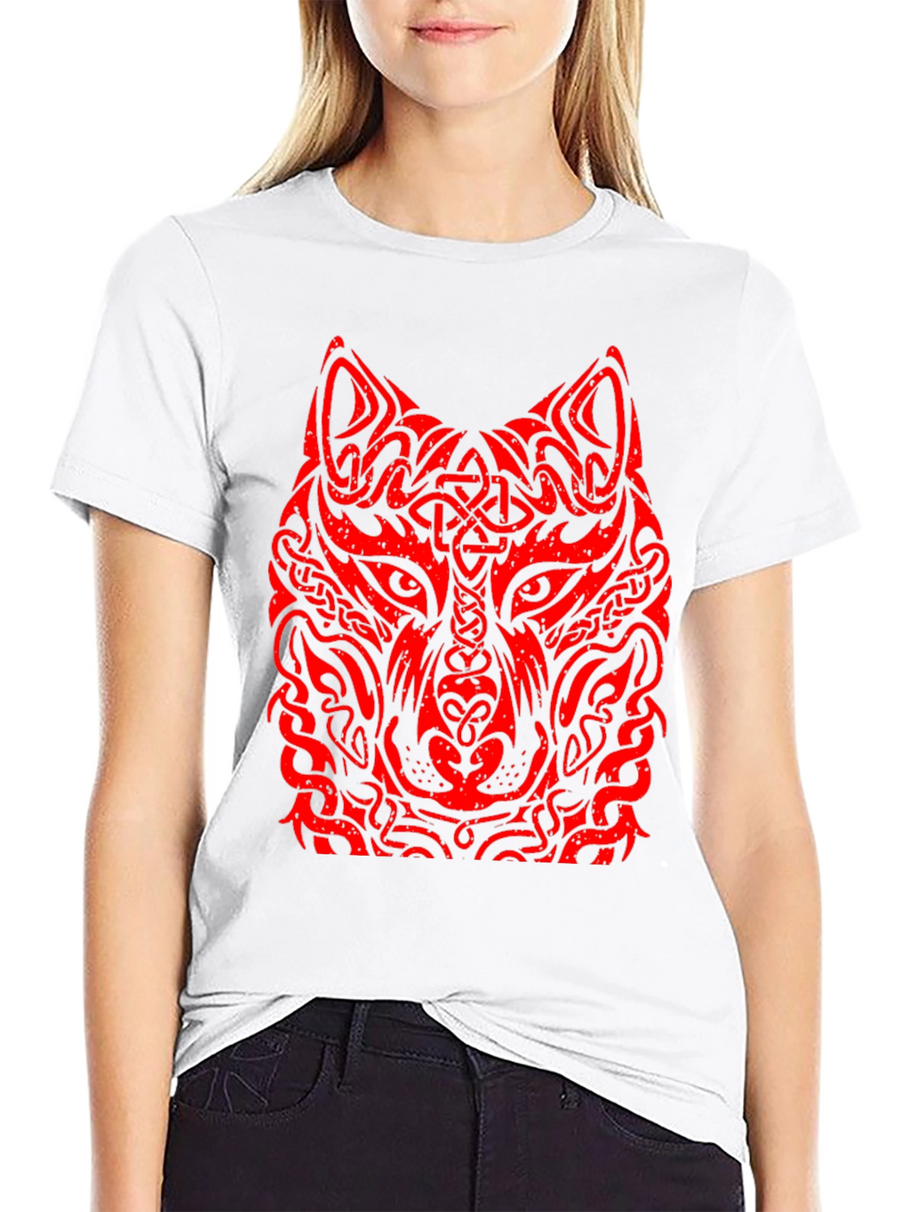 Red Tribal Wolf Graphic Black T-Shirt