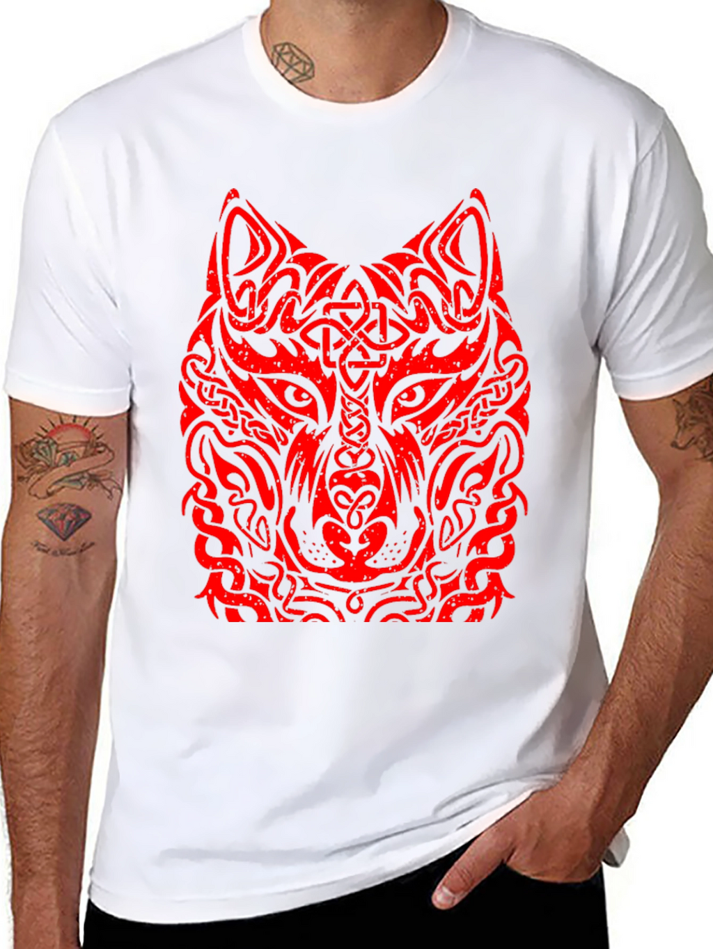 Red Tribal Wolf Graphic Black T-Shirt