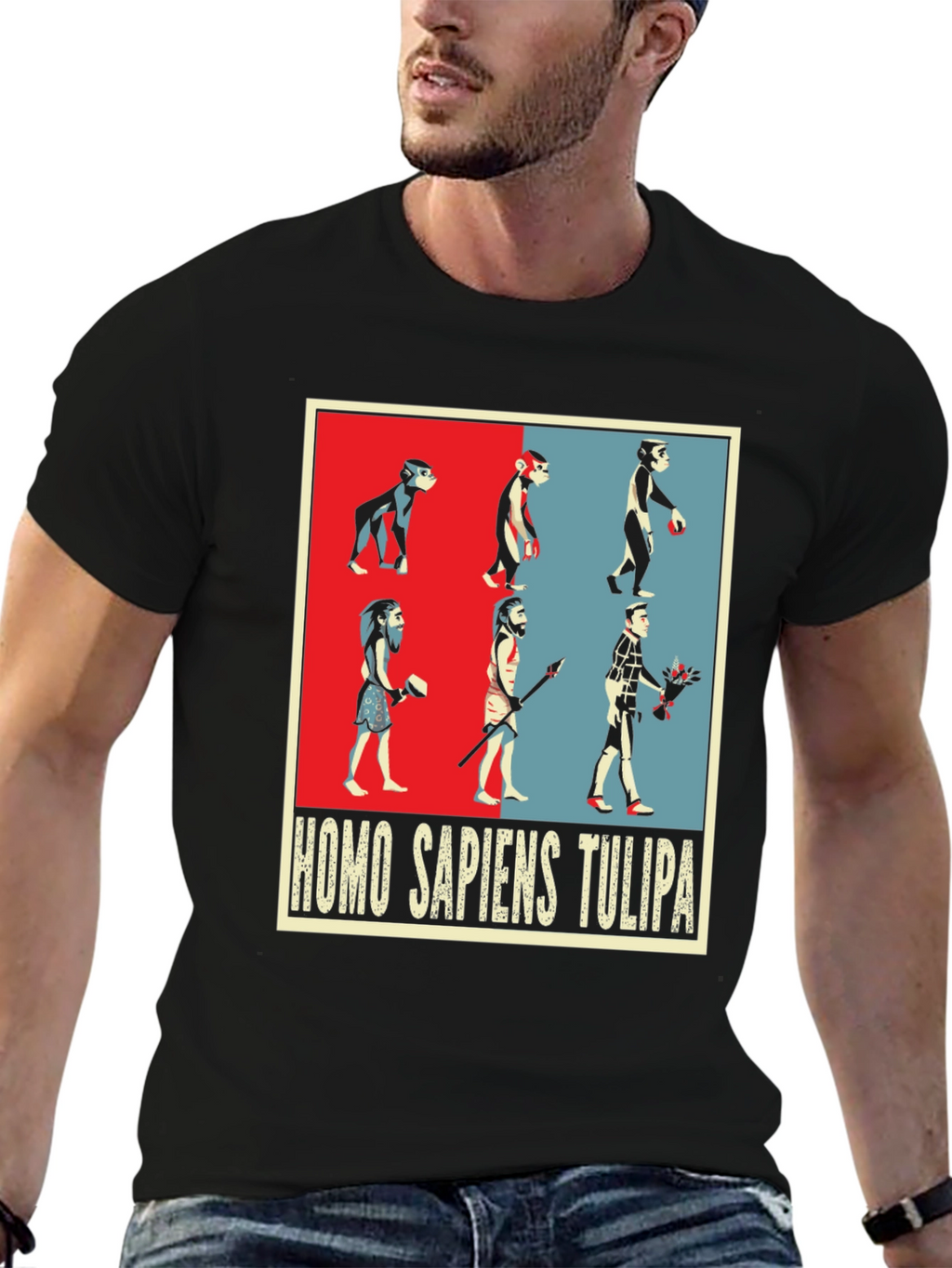 Evolution Humor Tee - Homo Sapiens Tulipa Design