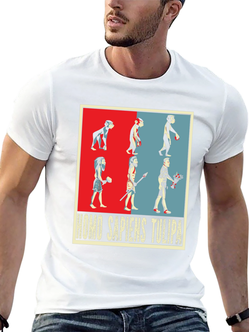 Evolution Humor Tee - Homo Sapiens Tulipa Design