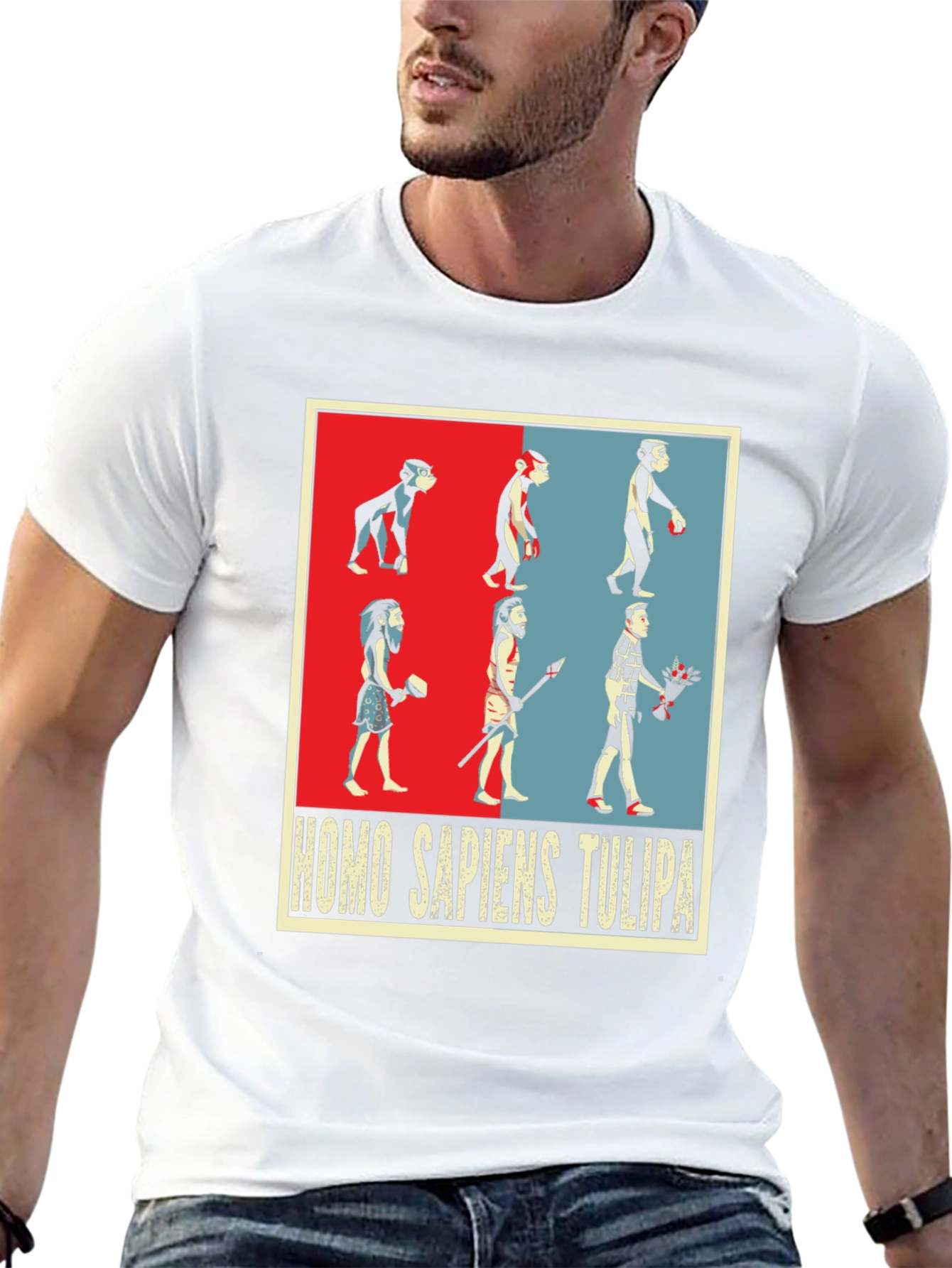 Evolution Humor Tee - Homo Sapiens Tulipa Design