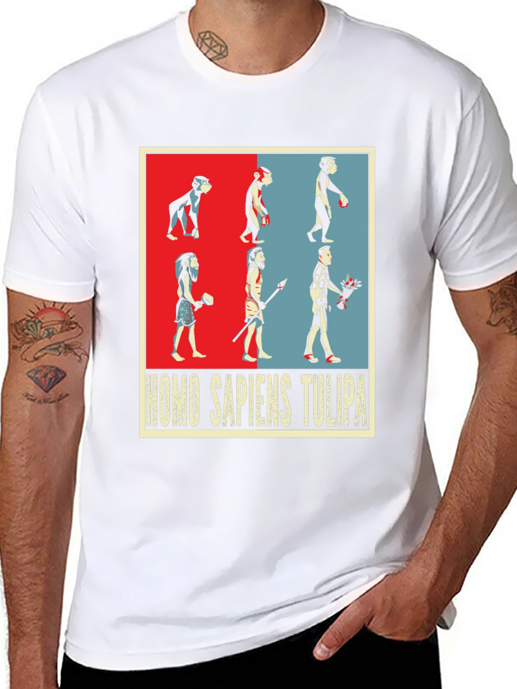 Evolution Humor Tee - Homo Sapiens Tulipa Design