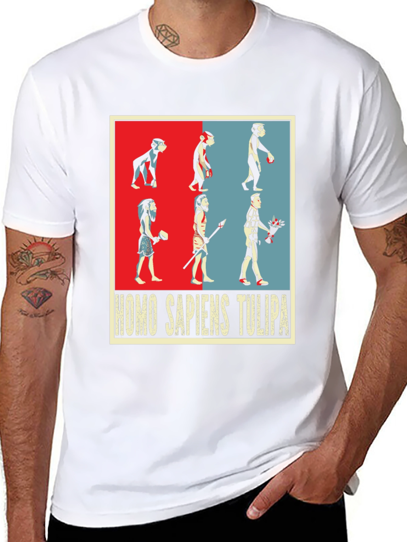 Evolution Humor Tee - Homo Sapiens Tulipa Design