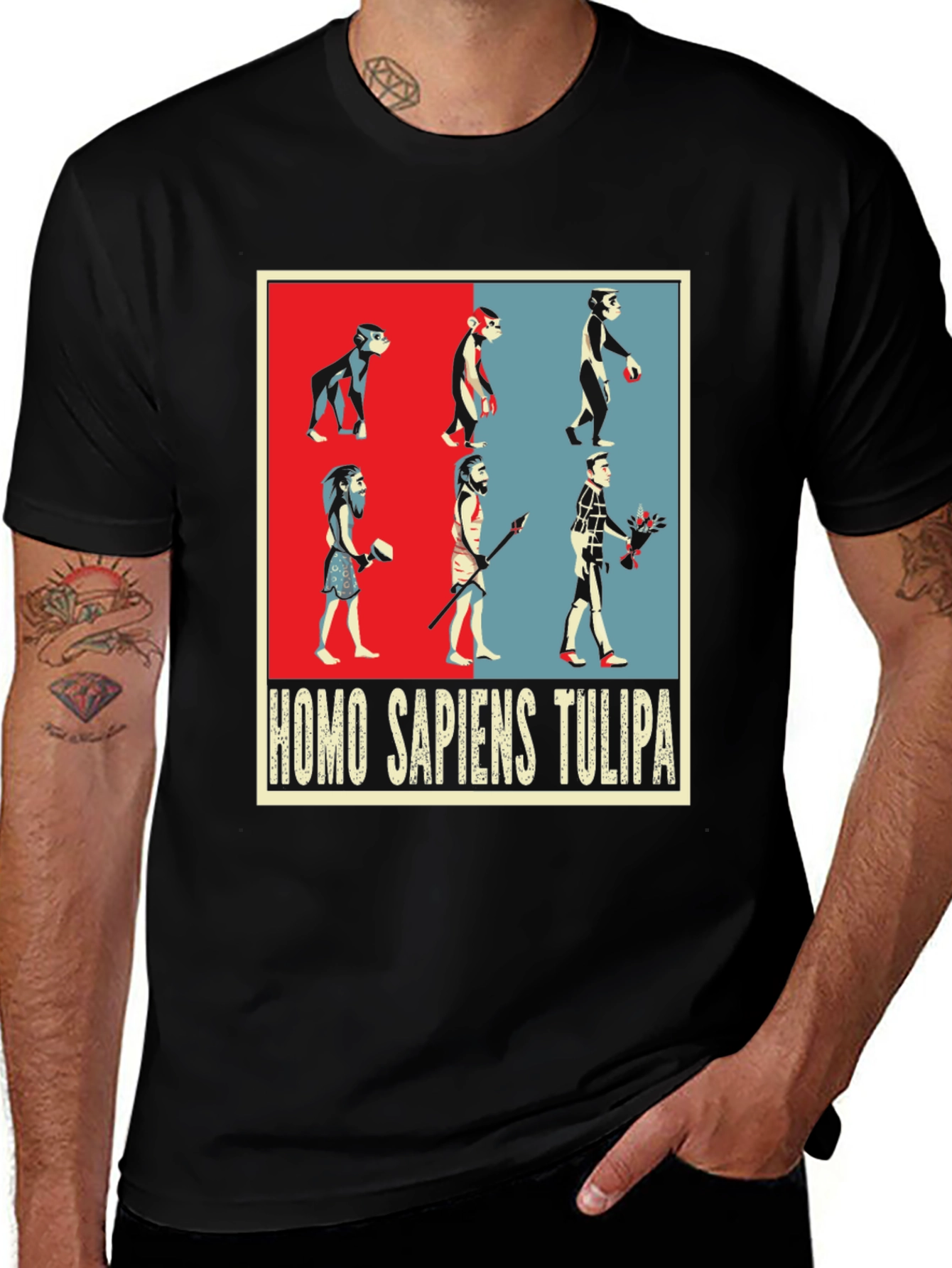 Evolution Humor Tee - Homo Sapiens Tulipa Design