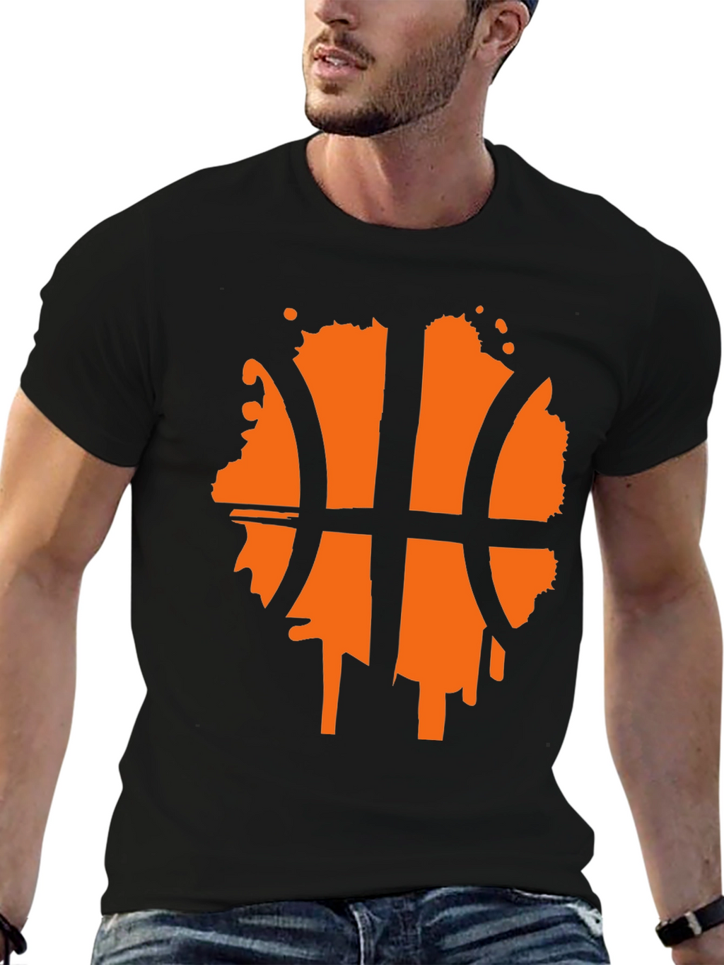Mens Black T-Shirt with Orange Basketball Graphic