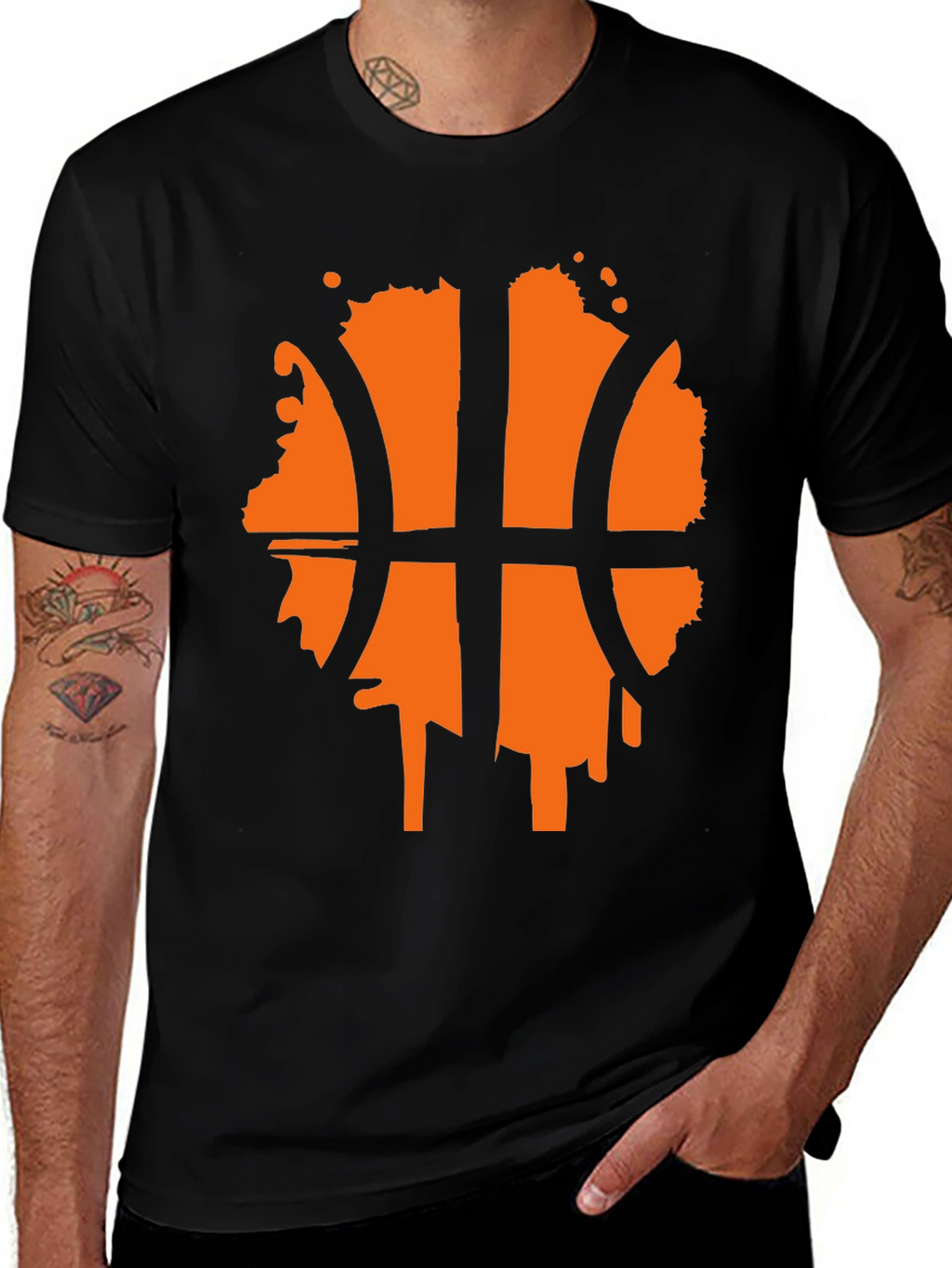 Mens Black T-Shirt with Orange Basketball Graphic