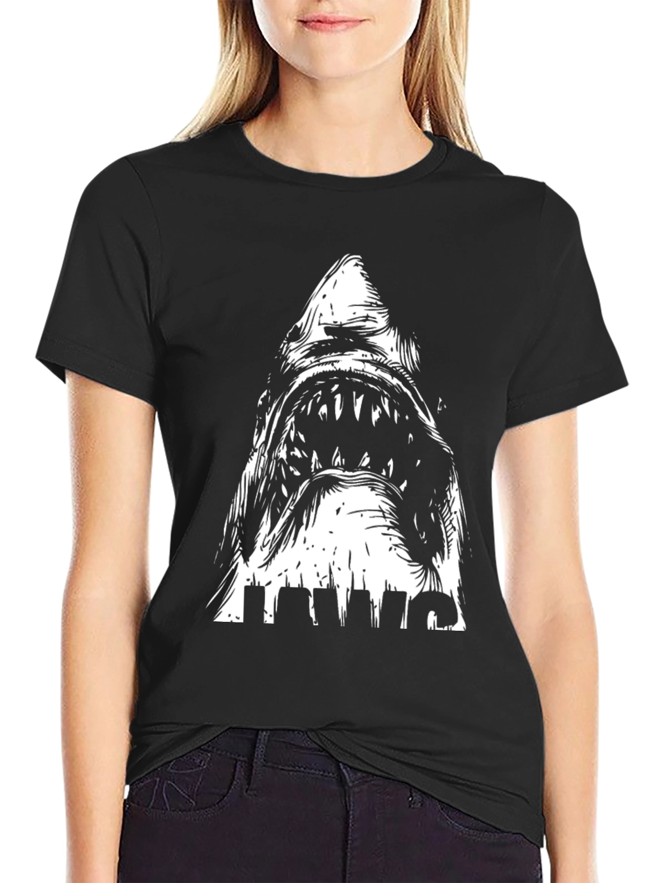 JAWS Graphic Print Crew Neck T-Shirt - Black