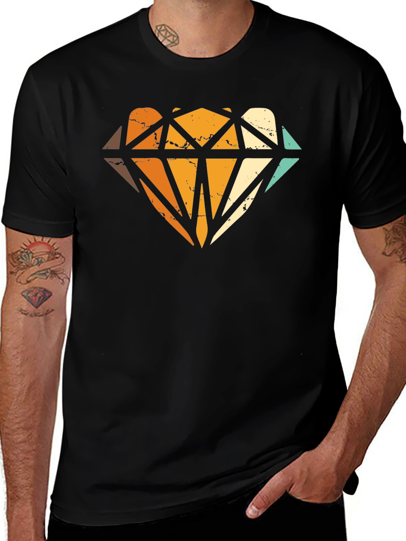 Retro Diamond Graphic Print Black T-Shirt