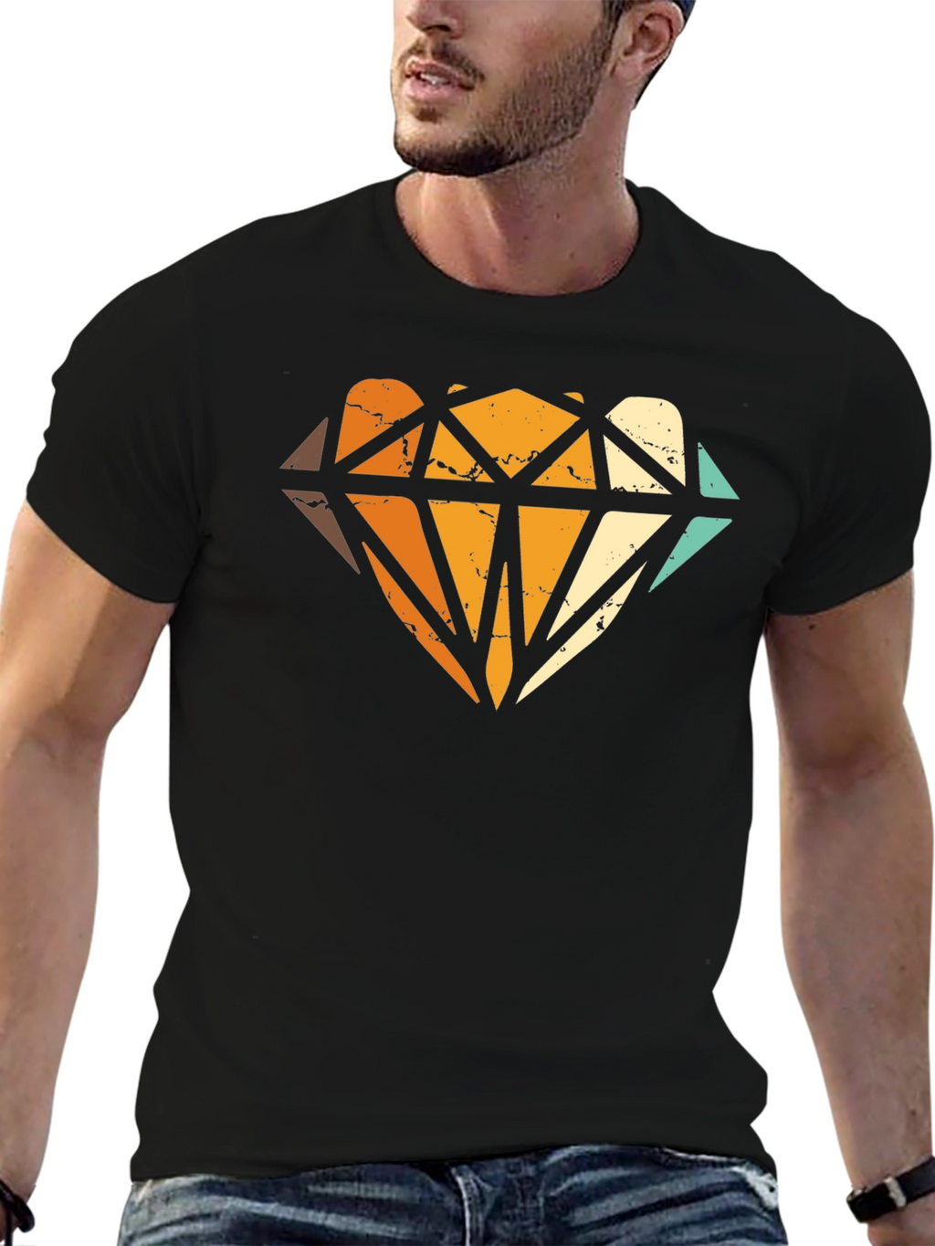 Retro Diamond Graphic Print Black T-Shirt