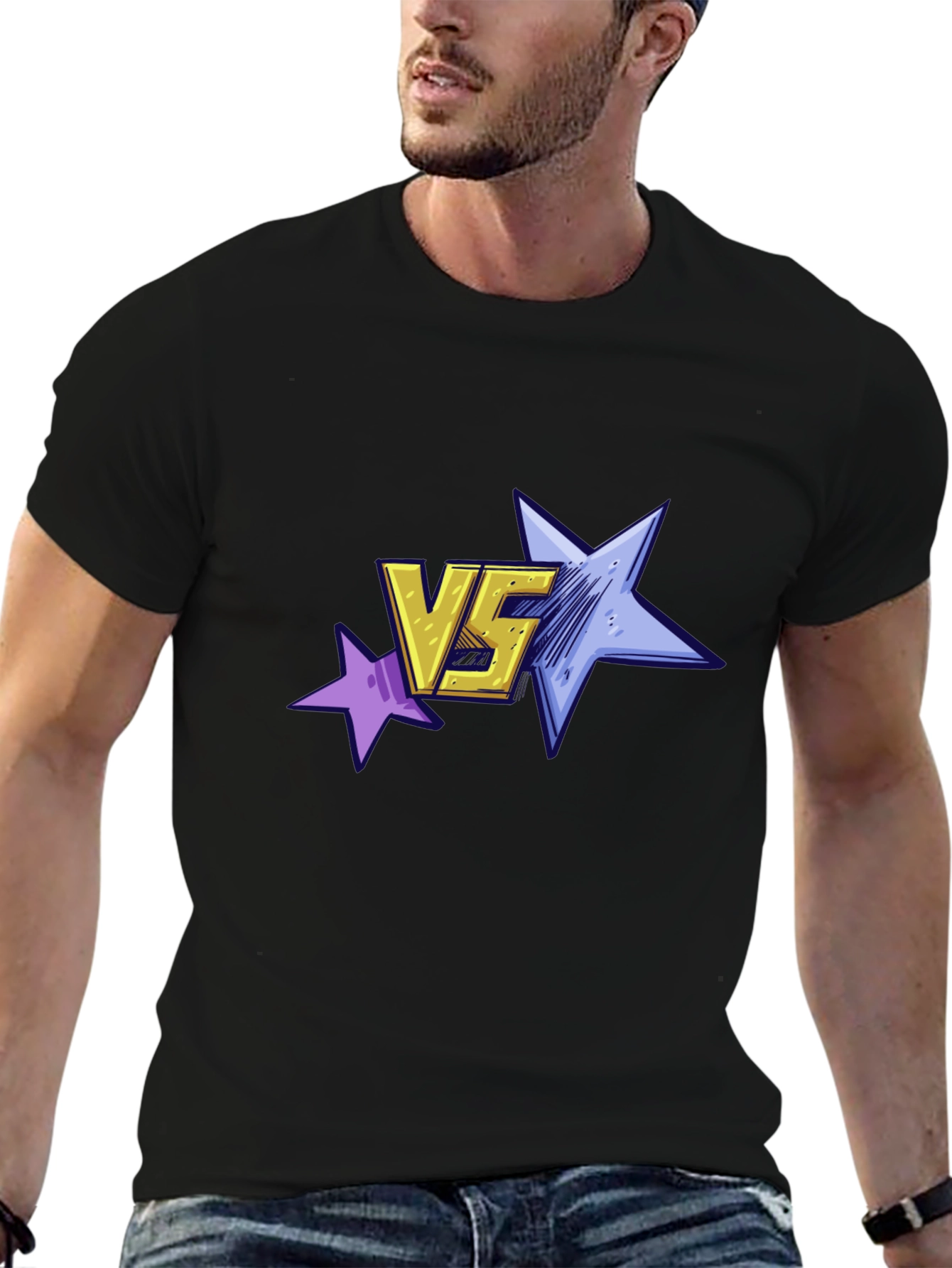 Versus Stars Graphic Tee - Black Cotton T-Shirt