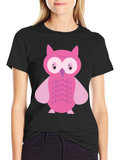Pink Owl Graphic Print Black T-Shirt