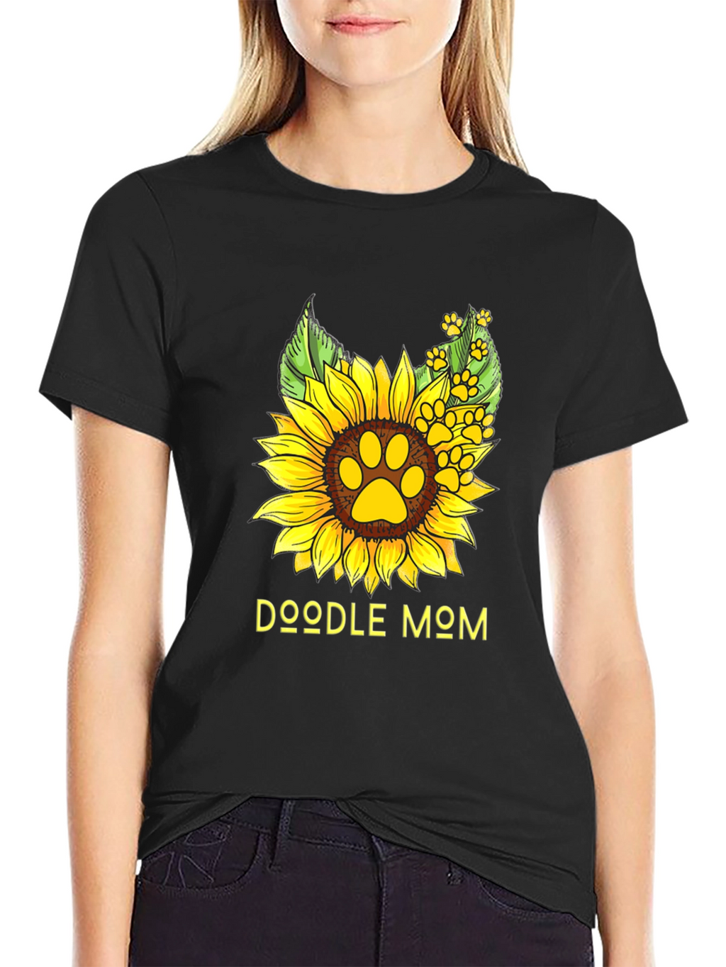 Doodle Mom Sunflower Paw Print Black T-Shirt