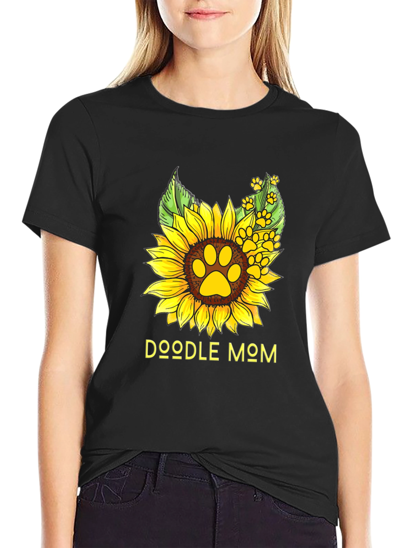 Doodle Mom Sunflower Paw Print Black T-Shirt